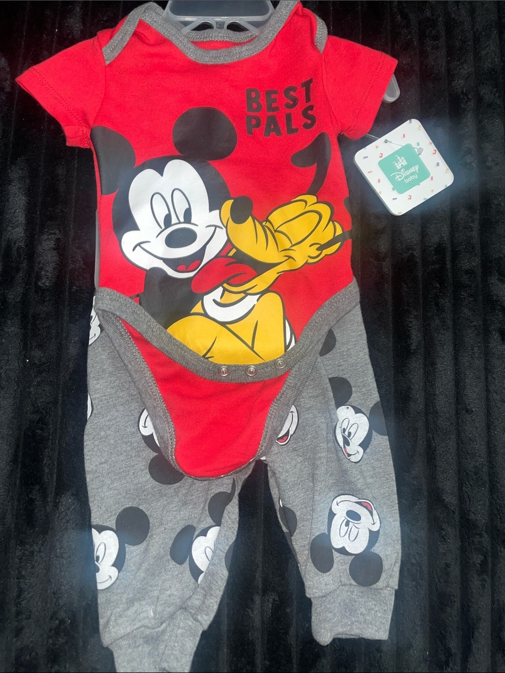 Disney Red, Gray & Yellow Mickey and Pluto Baby Bodysuit and Pant Set